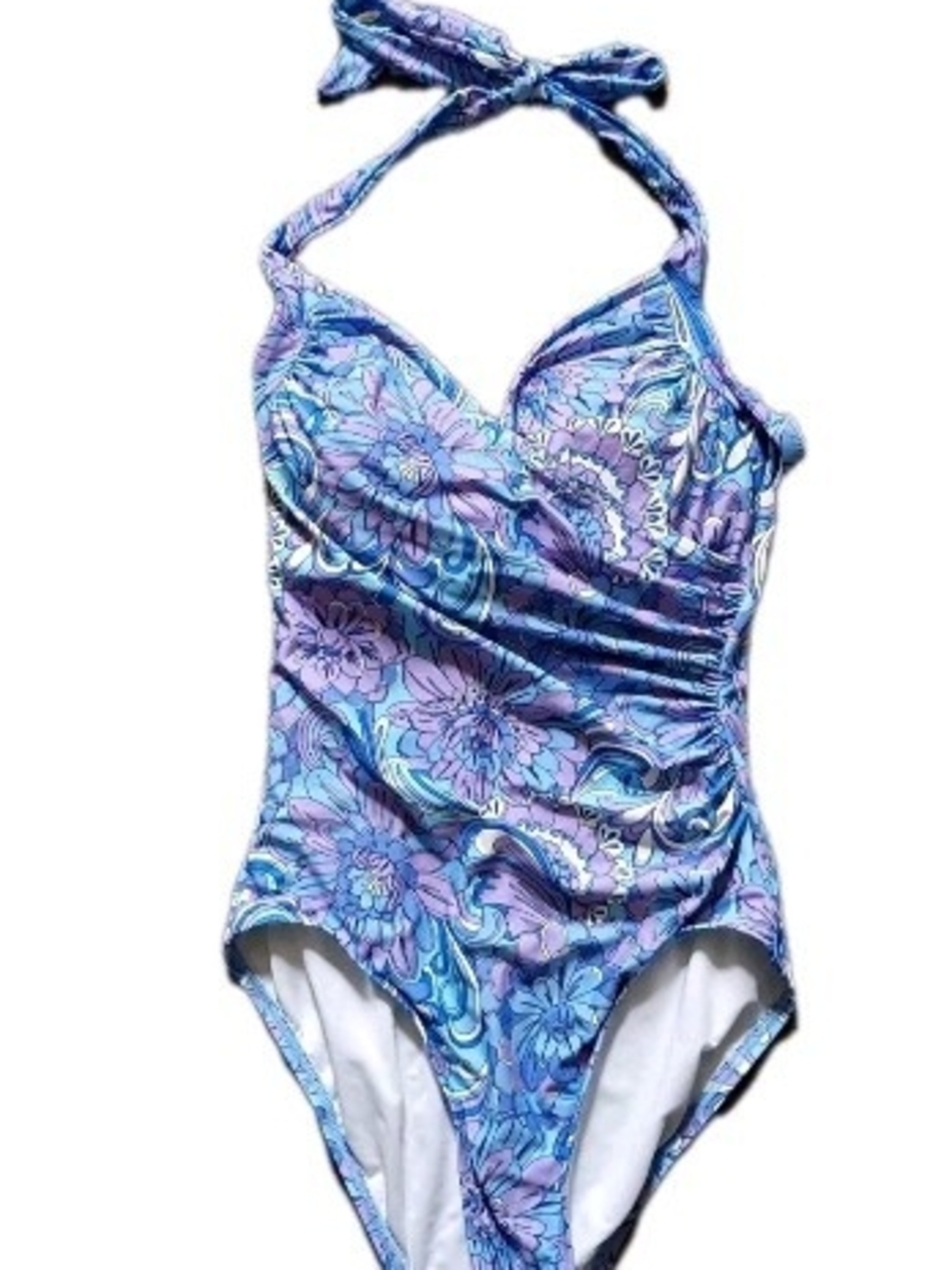 Carmen Marc Valvo Women Blue & Purple Floral Halter One-Piece Swimsuit